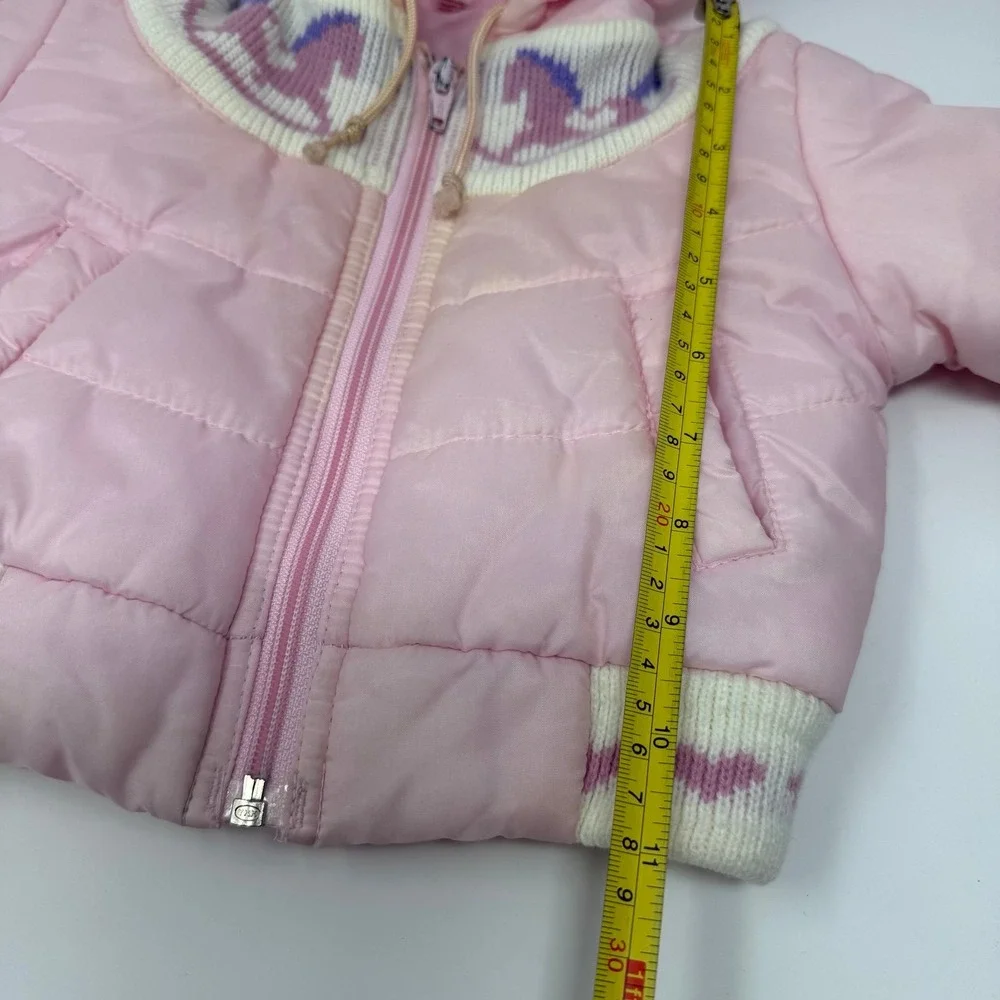 Vintage 80s Baby Girl Pink Puffer Jacket 18M Rocking Horse Knit Hooded